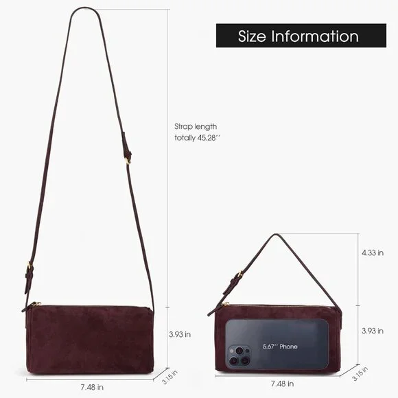 women Burgundy Suede Leather Small Crossbody Shoulder Bag with Adjustable strap - Picture 2 of 7